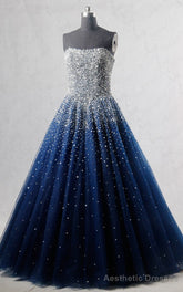 Royal Blue Strapless Sleeveless Beading Sequined Tulle Floor Length Long Prom Dress